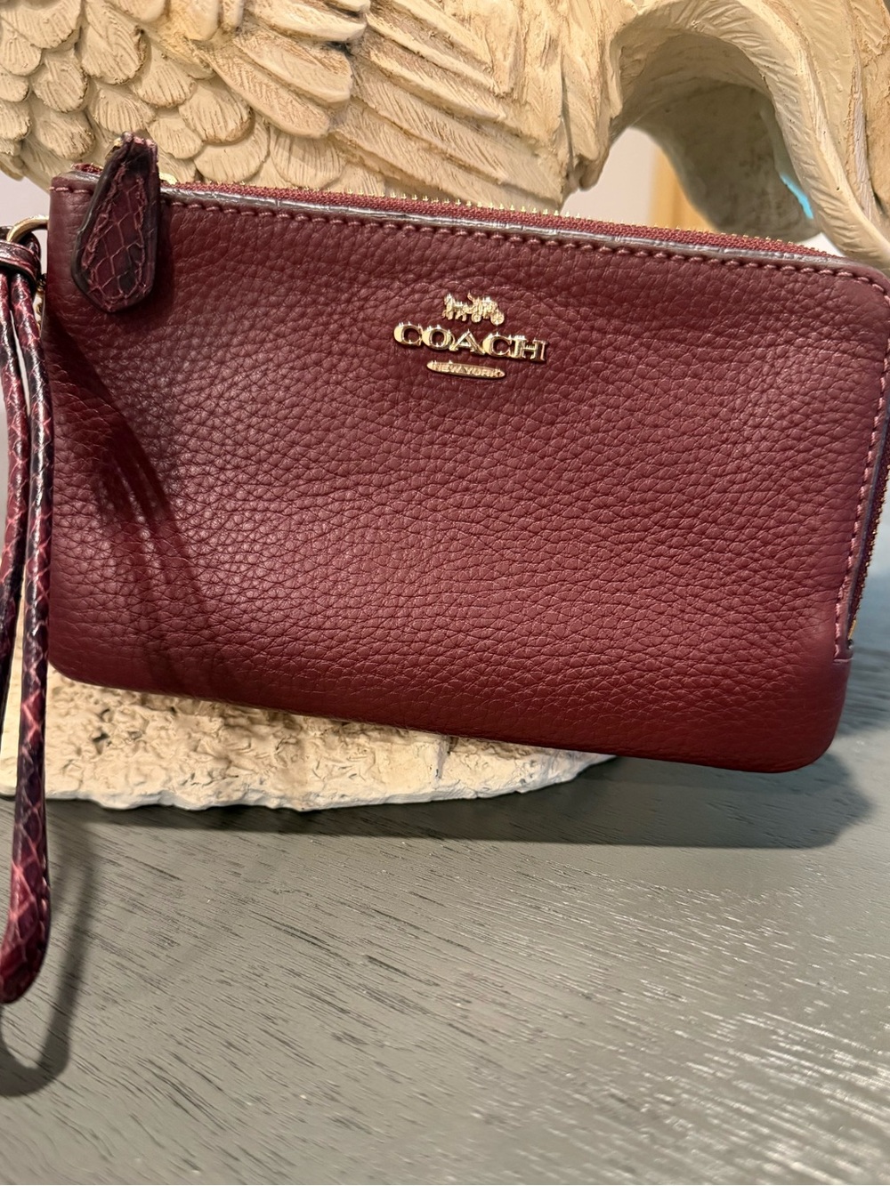 Coach Double Corner Zip Leather Wristlet With Snake Embossed Strap and Pulls